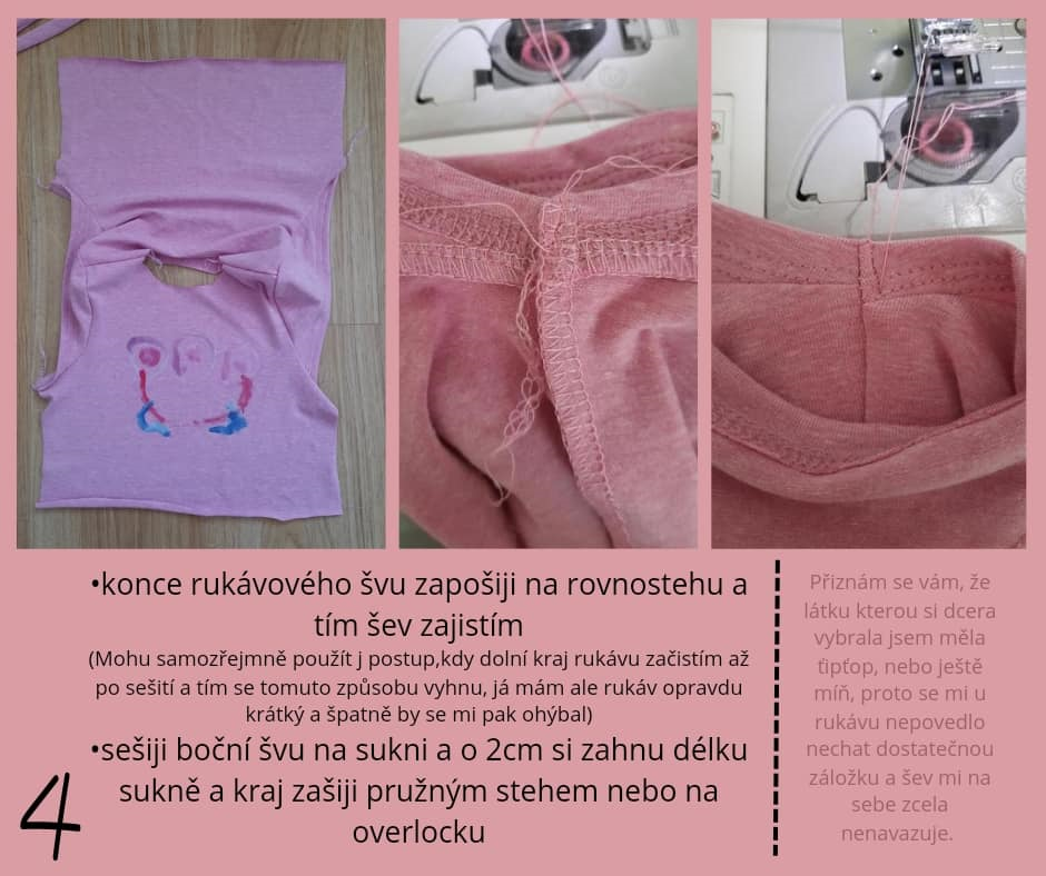 •konce rukávového švu zapošiji na rovnostehu a tím šev zajistím (Mohu samozřejmě použít i postup, kdy dolní kraj rukávu začistím až po sešití a tím se tomuto způsobu vyhnu, já mám ale rukáv opravdu krátký a špatně by se mi pak ohýbal) •sešiji boční švy na sukni a o 2cm si zahnu délku sukně a kraj zašiji pružným stehem nebo na overlocku.