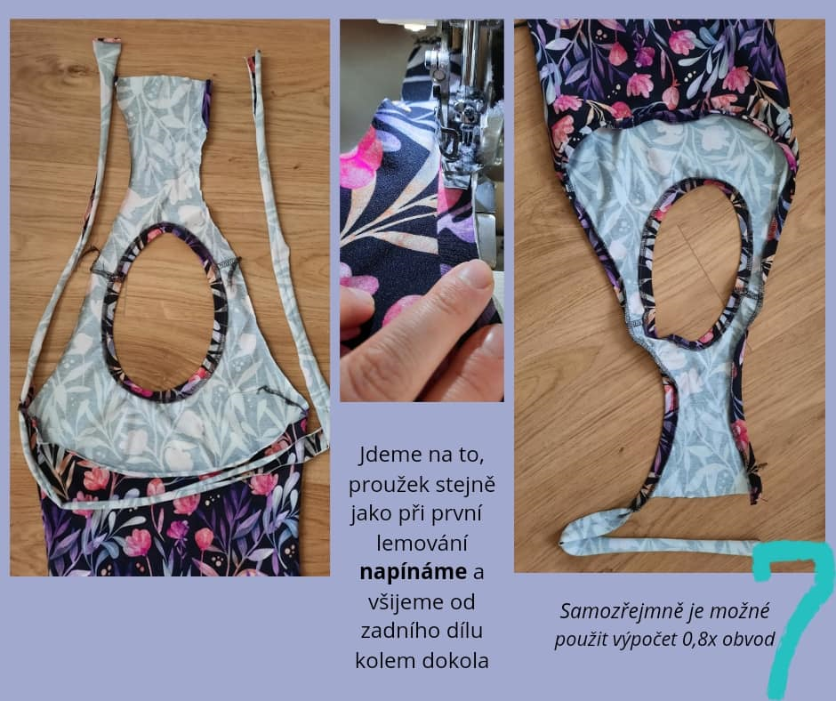 Jdeme na to, proužek stejně jako při první lemování napínáme a všijeme od zadního dílu kolem dokola