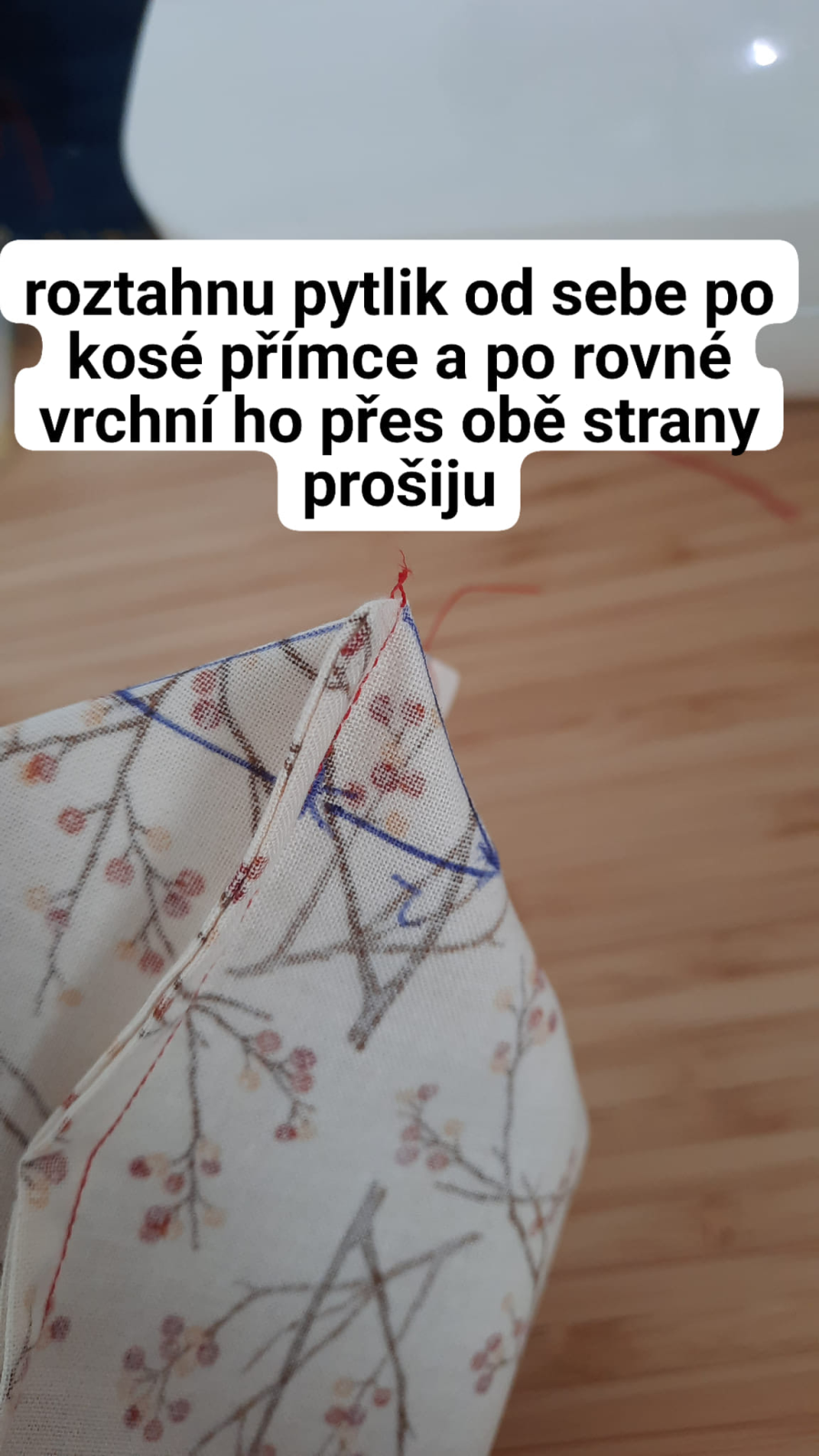 Roztáhnu sáček od sebe a složím jej po kosé lince. Po rovné vrchní linii ho se zapošitím prošiji. Tím vznikne dno.