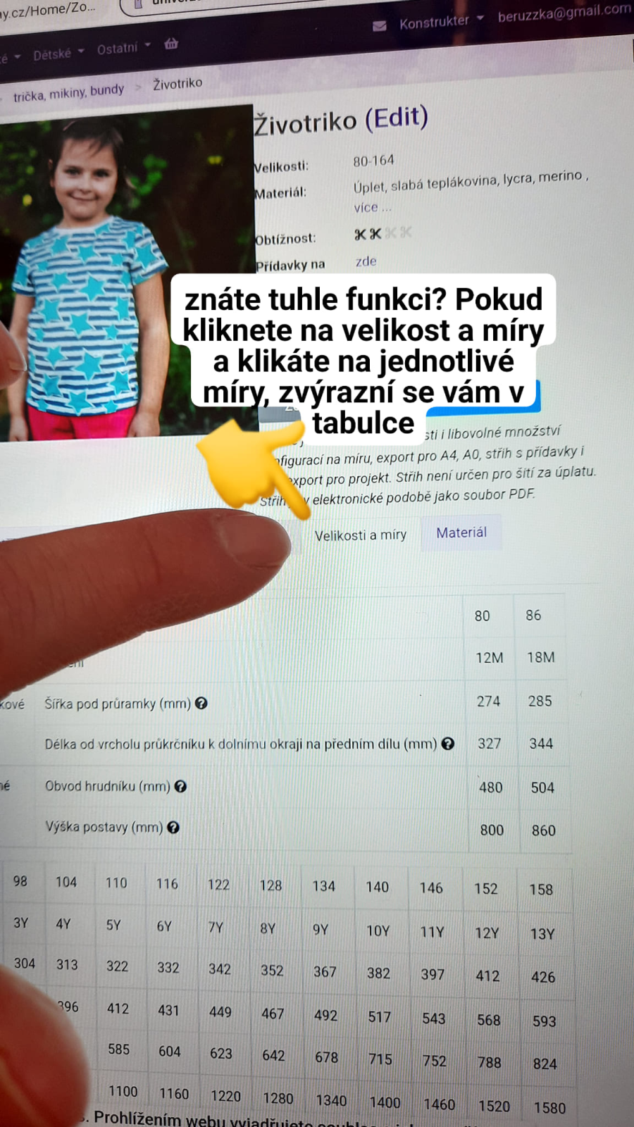 Ve sloupci VELIKOST si můžete ověřit, jak velké je tričko oproti rozměrům.