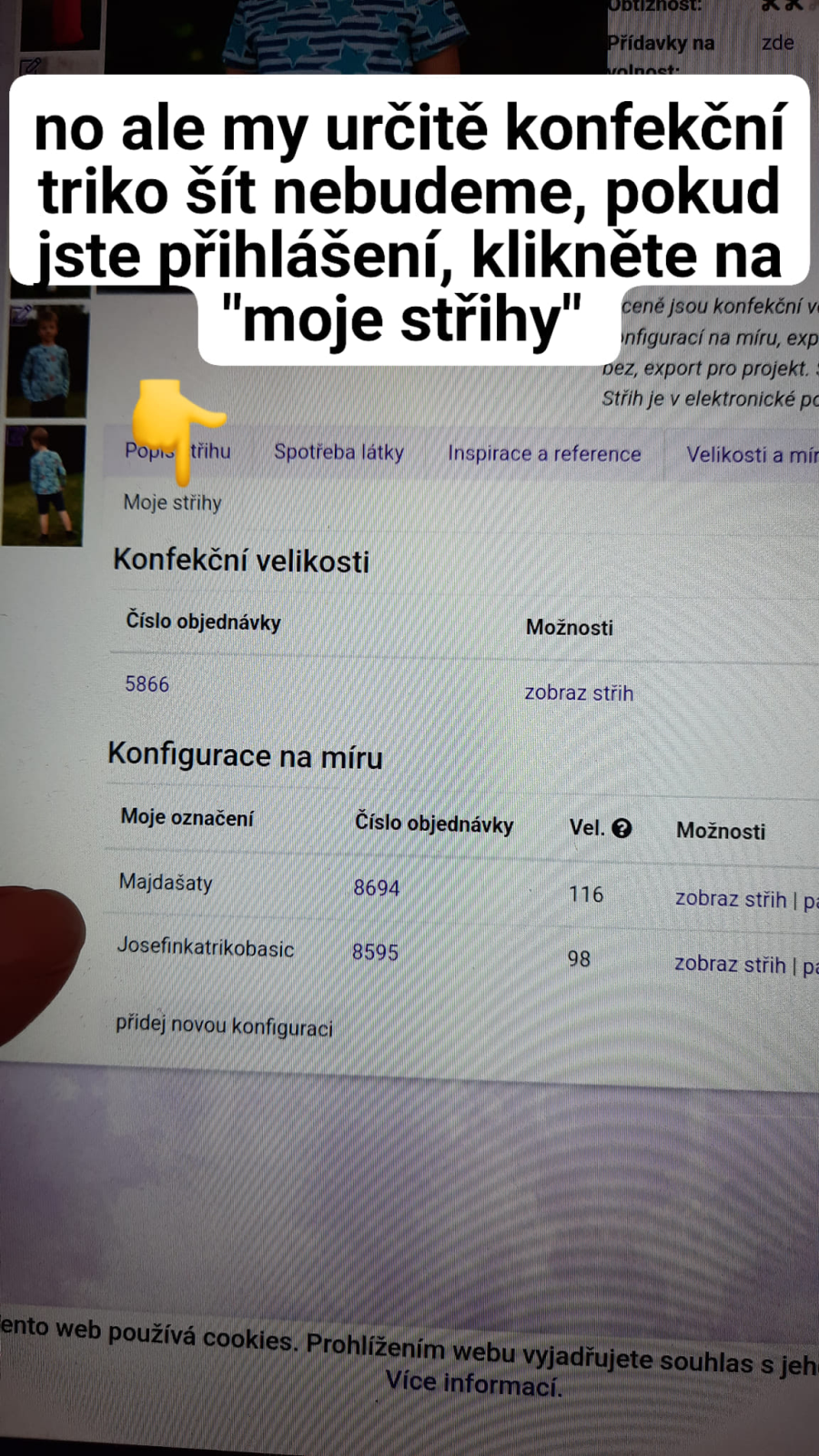 Pokud budeme pracovat s extra pružným materiálem u kterého chceme, aby výrobek seděl přiléhavě na těle, budeme volit vlastní konfiguraci. Zvolte proto v záložce MOJE - dole na stránce "přidej novou konfiguraci"