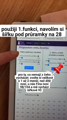 Zvolím 1. funkci a navolím šířku pod průramky plus novou vhodnou délku trička. 
Pokud nemáte vzorové tričko, orientujte se dle tabulky a zadejte například výšku postavy 116 cm, ale šířku pod průramky jako pro velikost 104.