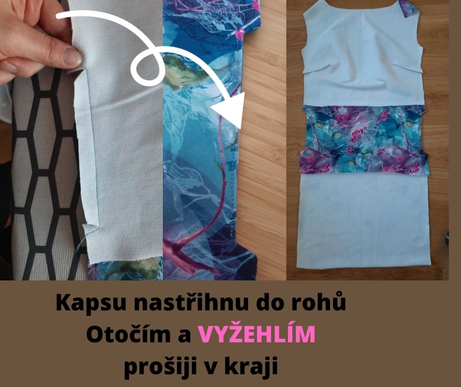 Kapsu nastřihnu do rohů. Otočím a VYŽEHLÍM. prošiji v kraji.
