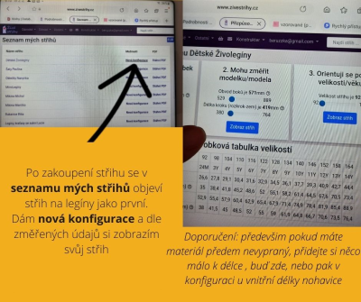 Po zakoupení střihu se v seznamu mých střihů objeví střih na legíny jako první.
Dám nová konfigurace a dle změřených údajů si zobrazím svůj střih. <br>Doporučení: především pokud máte materiál předem nevypraný, přidejte si něco málo k délce , buď zde, nebo pak v konfiguraci u vnitřní délky nohavice