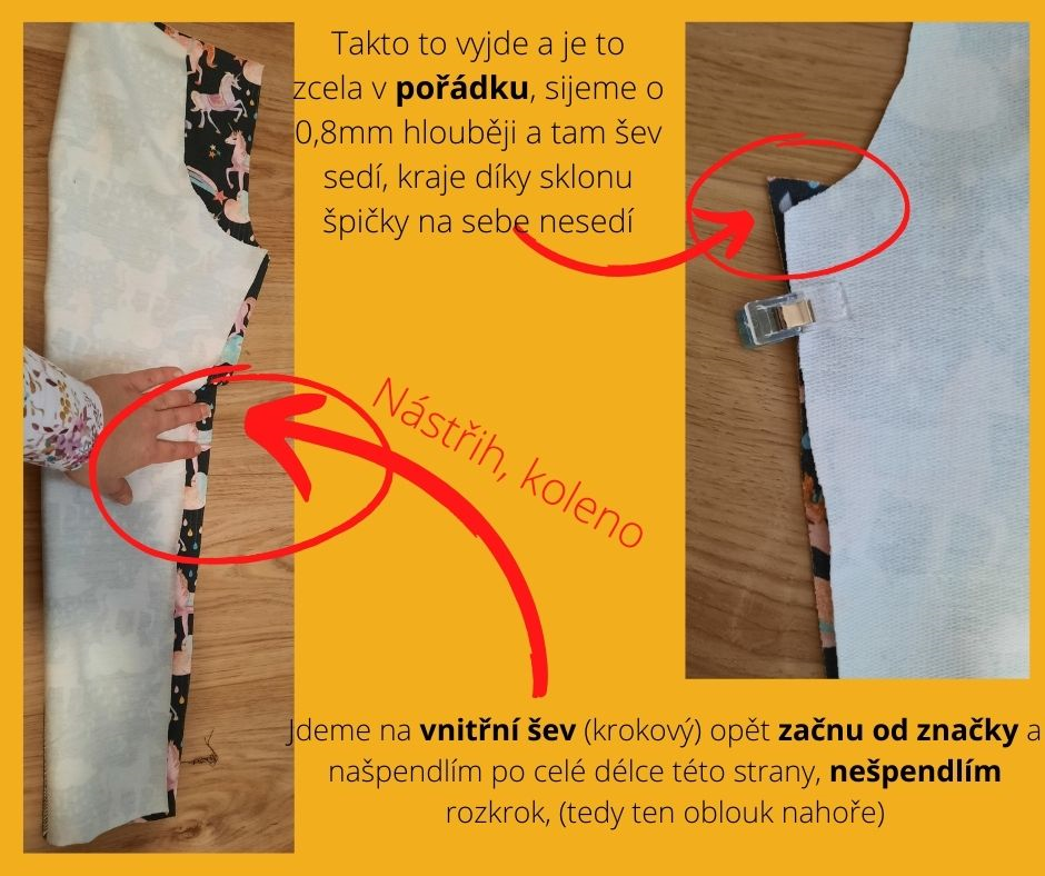 Takto to vyjde a je to zcela v pořádku, sijeme o 0,8mm hlouběji a tam šev sedí, kraje díky sklonu špičky na sebe nesedí Jdeme na vnitřní šev (krokový) opět začnu od značky a našpendlím po celé délce této strany, nešpendlím rozkrok, (tedy ten oblouk nahoře)