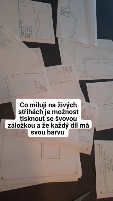 Při tisku můžete zvolit tisk se švovou záložkou a díly vedle sebe. Každý díl máte tak přímo jako <b>šablonu </b> nachystanou pro stříhaní a díky tomu, že má každý díl svou barvu, se vše dobře lepí. 