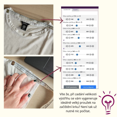 Víte že, při zadání velikosti výstřihu se vám vygeneruje ideálně velký proužek na začištění krku? Není tak už nutné nic počítat.