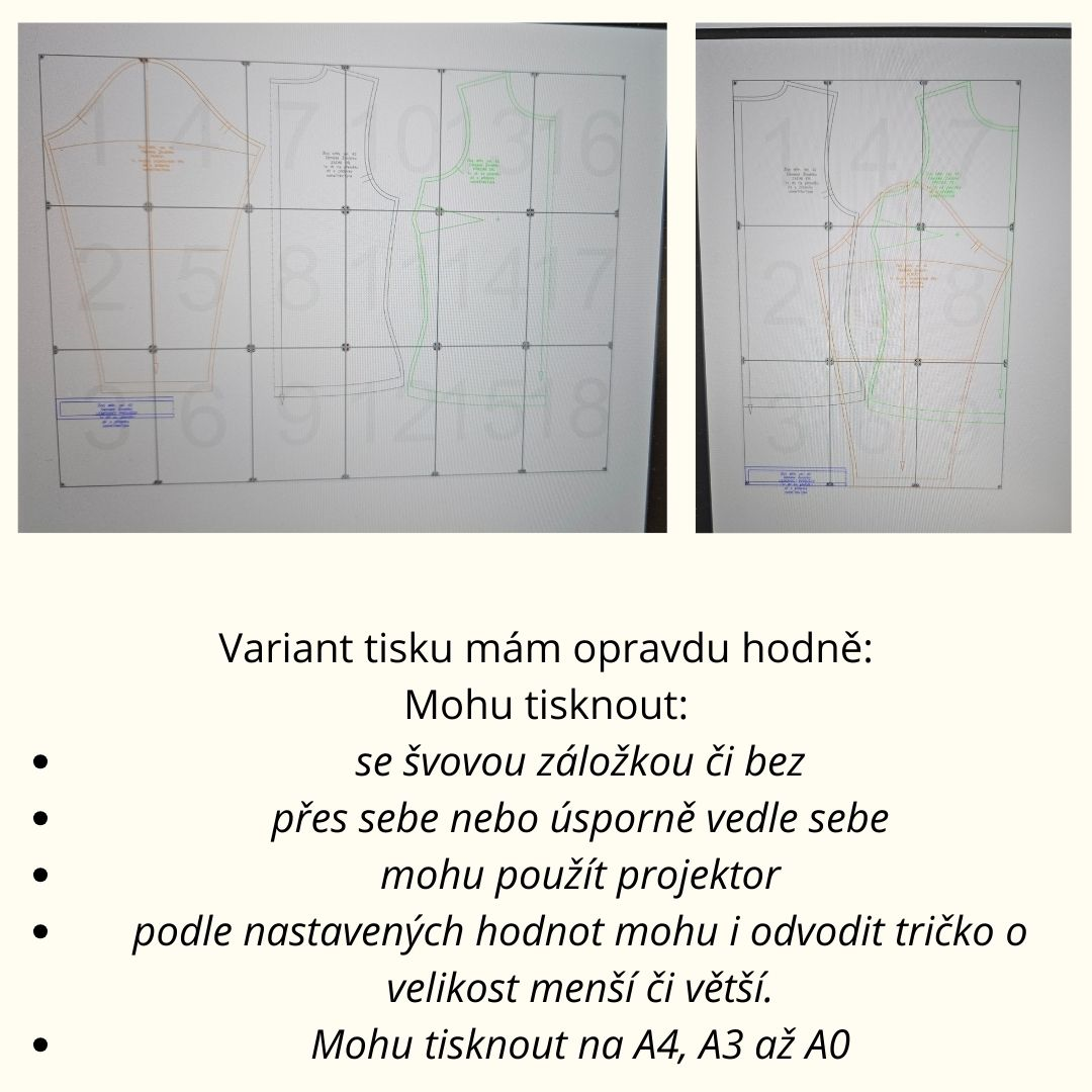 Variant tisku mám opravdu hodně: Mohu tisknout: se švovou záložkou či bez přes sebe nebo úsporně vedle sebe mohu použít projektor podle nastavených hodnot mohu i odvodit tričko o velikost menší či větší. Mohu tisknout na A4, A3 až A0