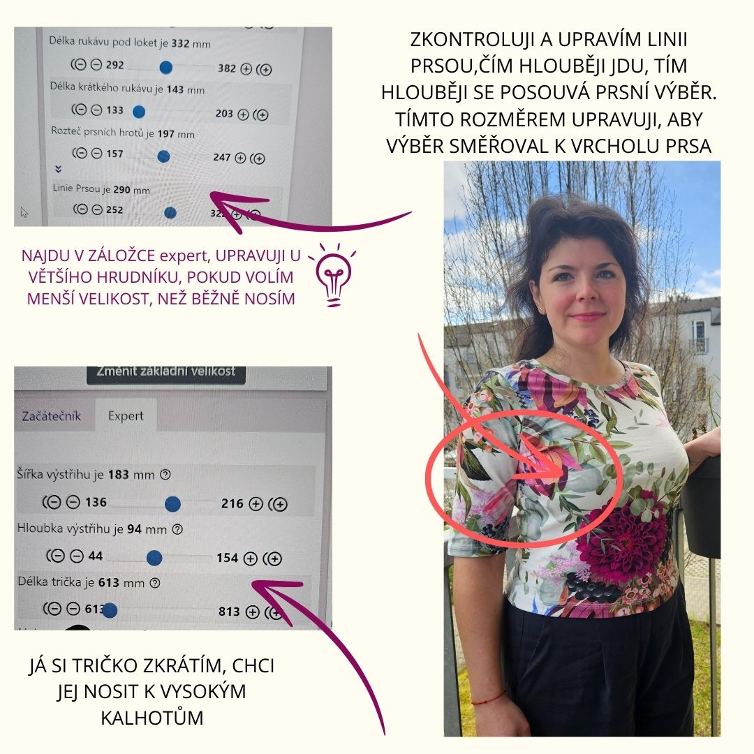 ZKONTROLUJI A UPRAVÍM LINII PRSOU,ČÍM HLOUBĚJI JDU, TÍM HLOUBĚJI SE POSOUVÁ PRSNÍ VÝBĚR. TÍMTO ROZMĚREM UPRAVUJI, ABY VÝBĚR SMĚŘOVAL K VRCHOLU PRSA. Na rozdíl od běžné menší velikosti, si v nastavení na míru mohu třeba zpět rozšířit rukáv přes biceps, nebo v dolním kraji zvolit tričko volné či ještě víc zúžené, taky si mohu nastavit pasovou linii opravdu do pasu, a mít tak probrání ve správném místě.